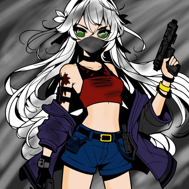 bad girl wearing crop top holding a gun long hair anime
