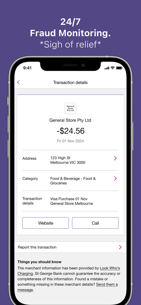 Bank of Melbourne transaction details screen showing a merchant purchase and 24/7 fraud monitoring alert