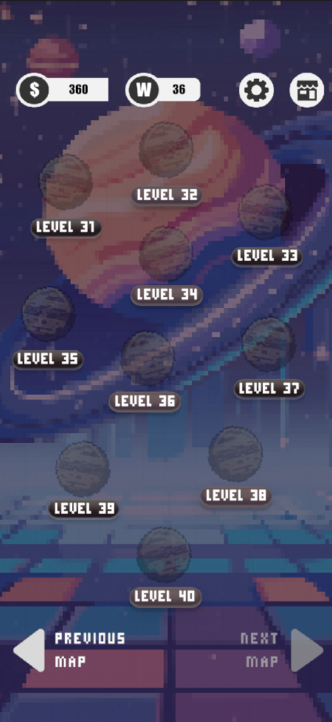 Word Blast: Word Puzzle Games - Pantalla de selección de nivel para Word Blast que muestra los niveles del 31 al 40 en un mapa cósmico de arte de píxeles.