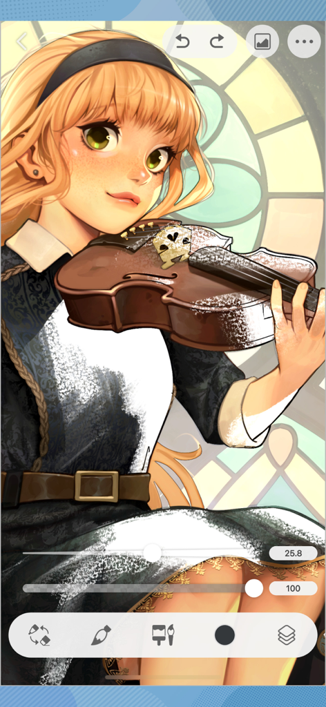 Clip Studio Paint for iPhone - Digital illustration of an anime girl with a violin in the Clip Studio Paint iPhone app interface.