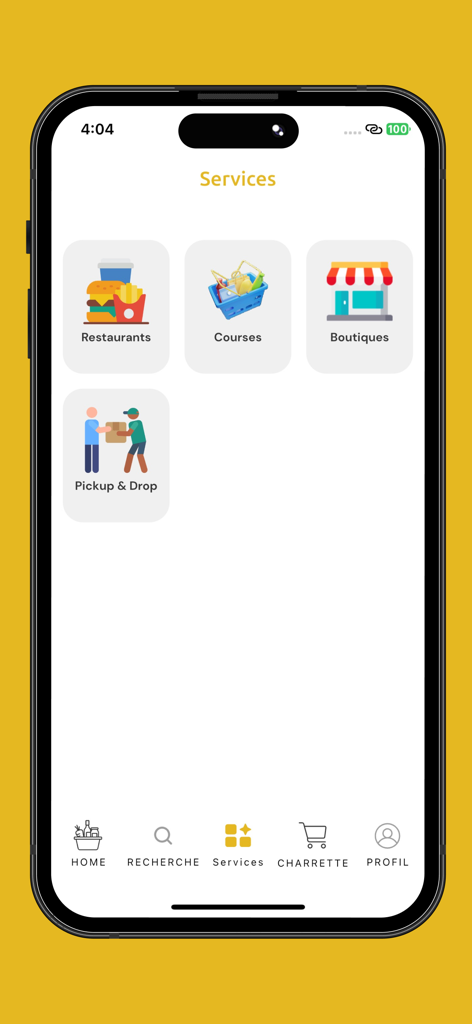 Adelo User app interface showing available services for Restaurants, Groceries, Boutiques, and Pickup and Drop.