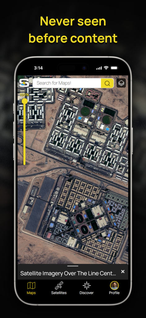 Soar - The New Atlas - A high-resolution satellite view of an urban area displayed on a mobile device within the Soar app interface