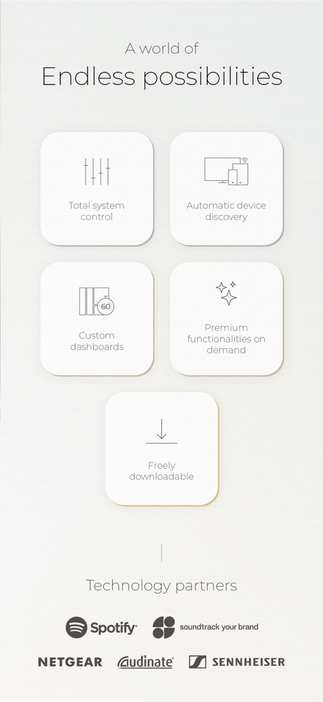 Overview of AUDAC Touch 2 features including total system control, custom dashboards, and technology partners like Spotify and Sennheiser.