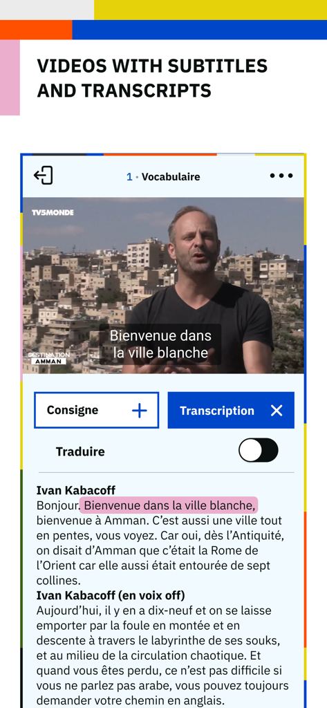 Interface of TV5MONDE EDU app showing a French language video with subtitles and a full transcript section below