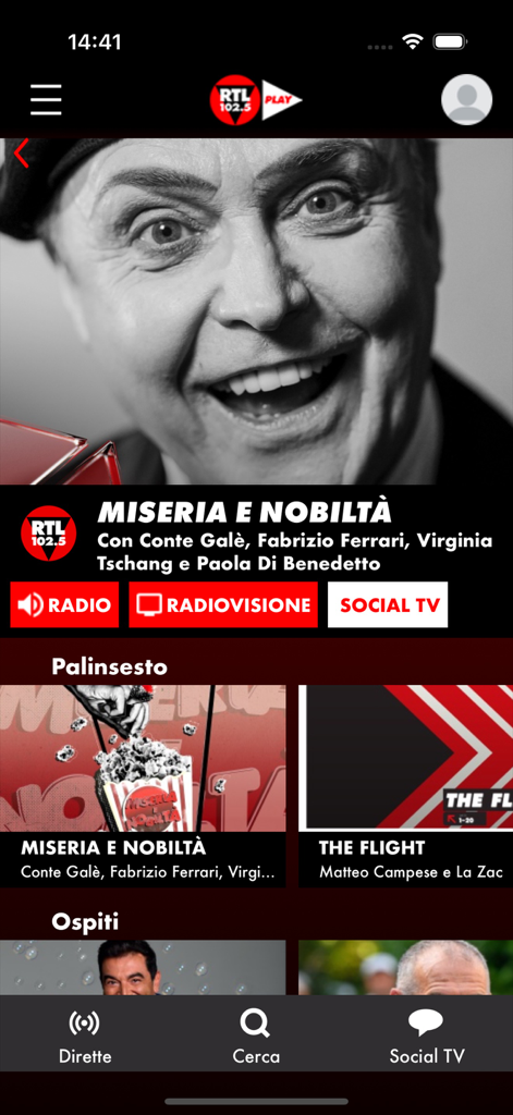 RTL 102.5 PLAY app home screen showing the Miseria e Nobilta program with options for radio and radiovisione.
