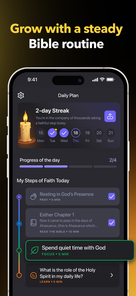Faithe app interface showing a daily plan screen with reading streaks and spiritual progress tracking