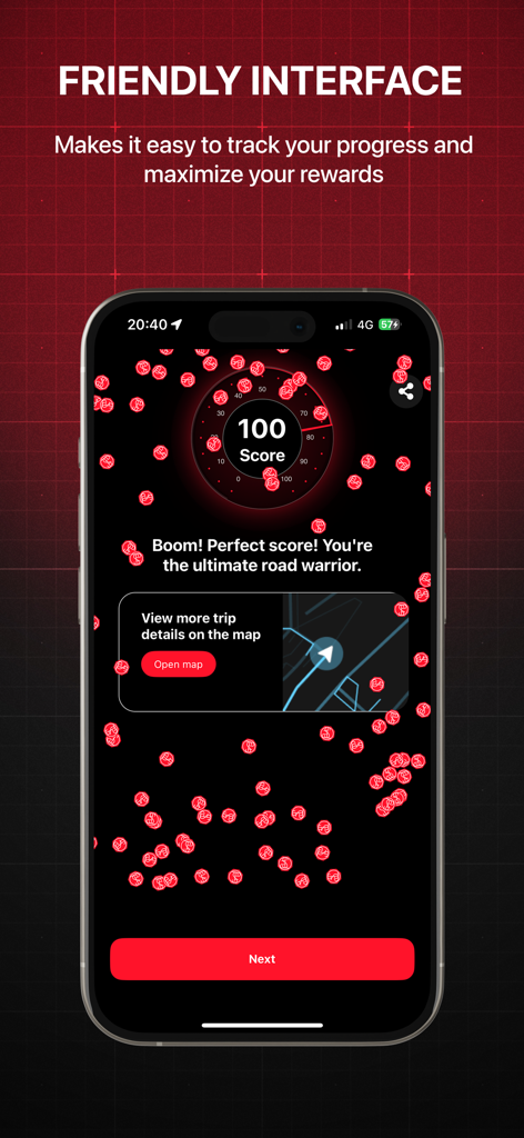 LETSTOP app interface showing a perfect driving safety score of 100 with a reward progress tracker