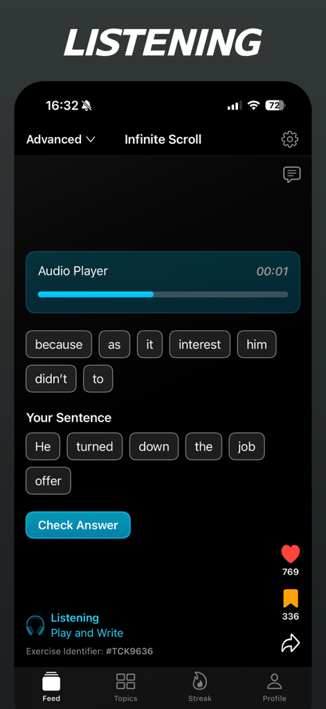 Schermata dell'esercizio di ascolto dell'app Cambridge English Shorts con un lettore audio e un'interfaccia di costruzione di frasi