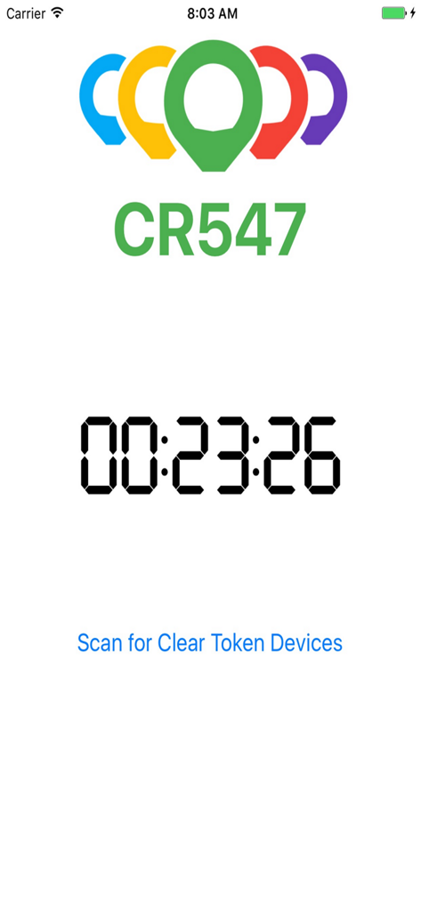 ClearToken App - ClearToken app interface with a digital timer and scan for devices option