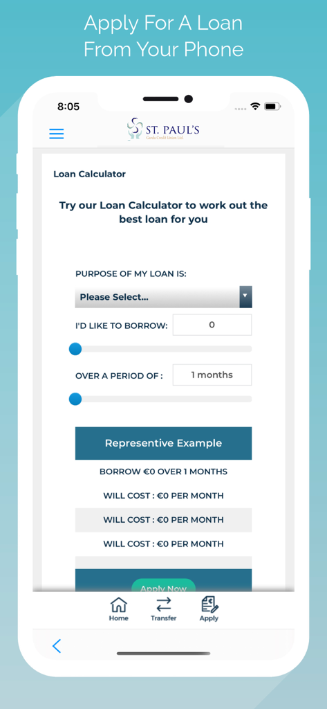 St Pauls Garda Credit Union mobile app loan calculator screen