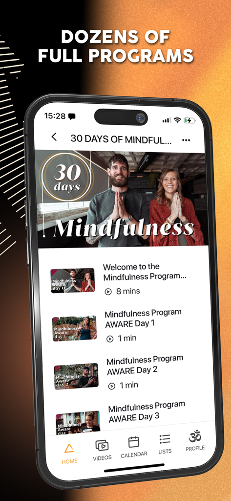 Breathe and Flow Yoga - Interfaz de la aplicación Breathe and Flow Yoga que muestra el plan de estudios del programa 30 Días de Atención Plena.