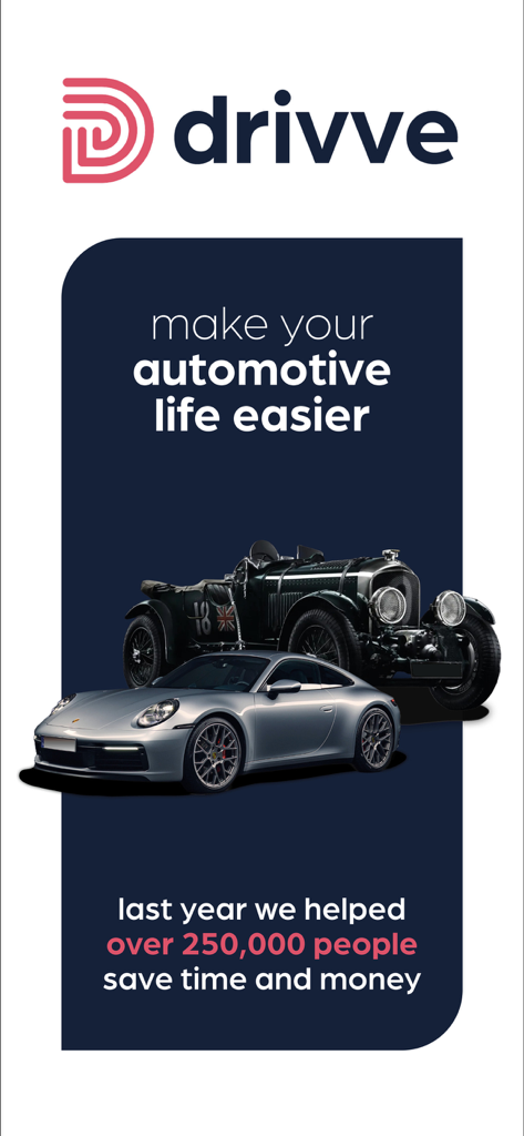 drivve | Collector Car Values - 클래식 및 현대 자동차와 가치 평가 서비스 정보가 포함된 Drivve 앱 홍보 화면