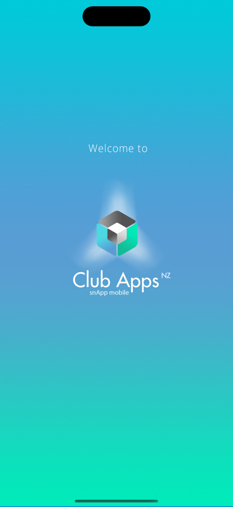 ClubAppsNZ - Pantalla de bienvenida de la aplicación móvil ClubAppsNZ que muestra el logo del club y la marca snApp mobile