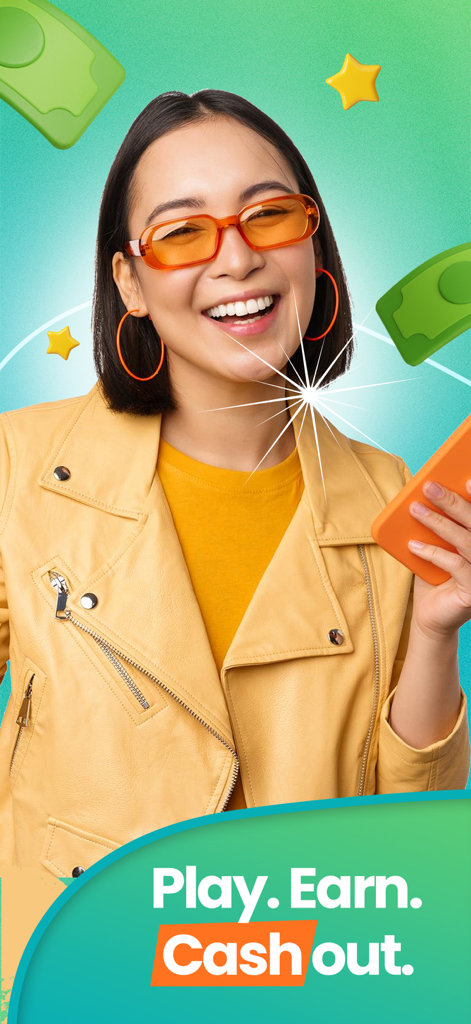 Tyr Rewards-Survey & Gift Card - Smiling young woman holding a smartphone with the text Play Earn Cash out