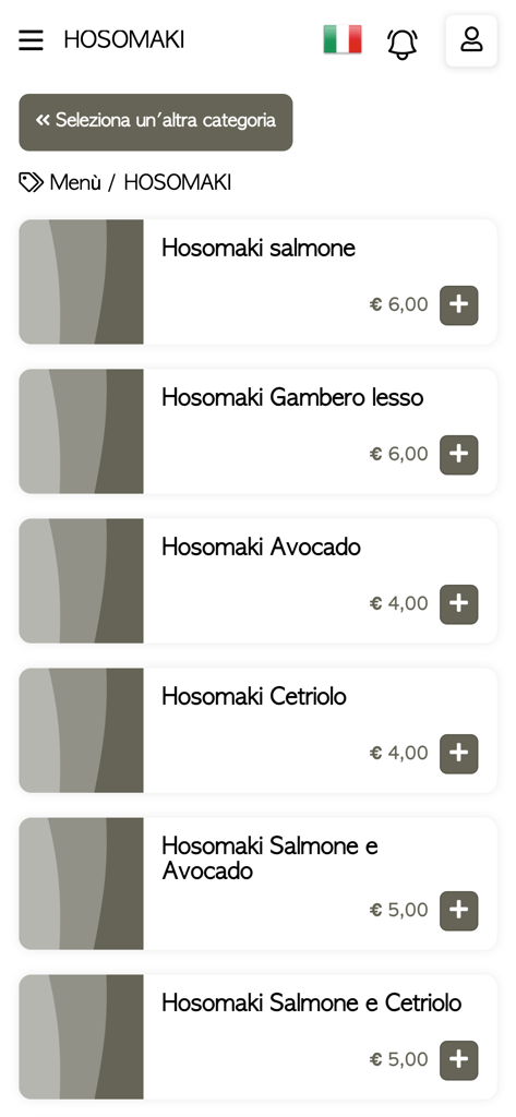 Azuki Sushi - Pantalla del menú hosomaki de la aplicación móvil Azuki Sushi con precios