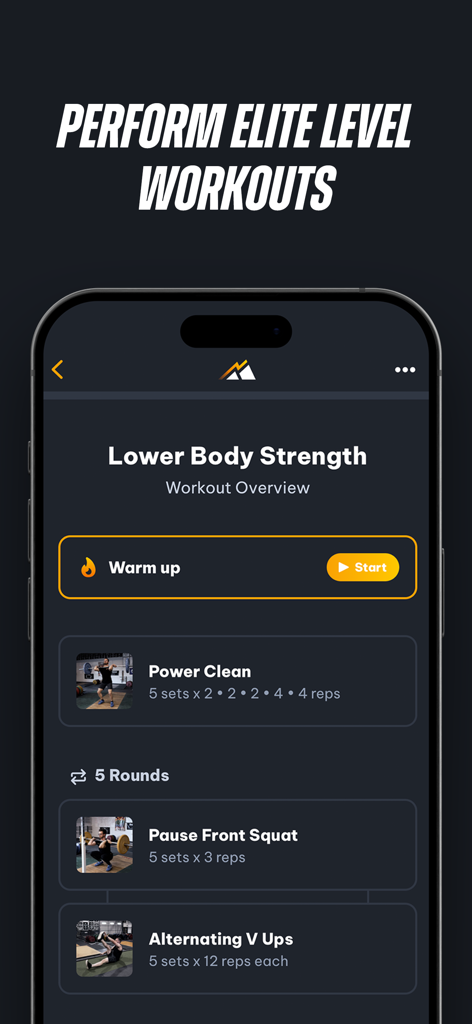 Peak Strength - Peak Strength app interface showing a lower body strength workout overview with exercises like power cleans and front squats