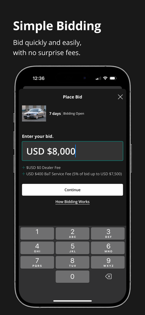 A mobile interface for placing a bid on a car auction within the Bring a Trailer app.