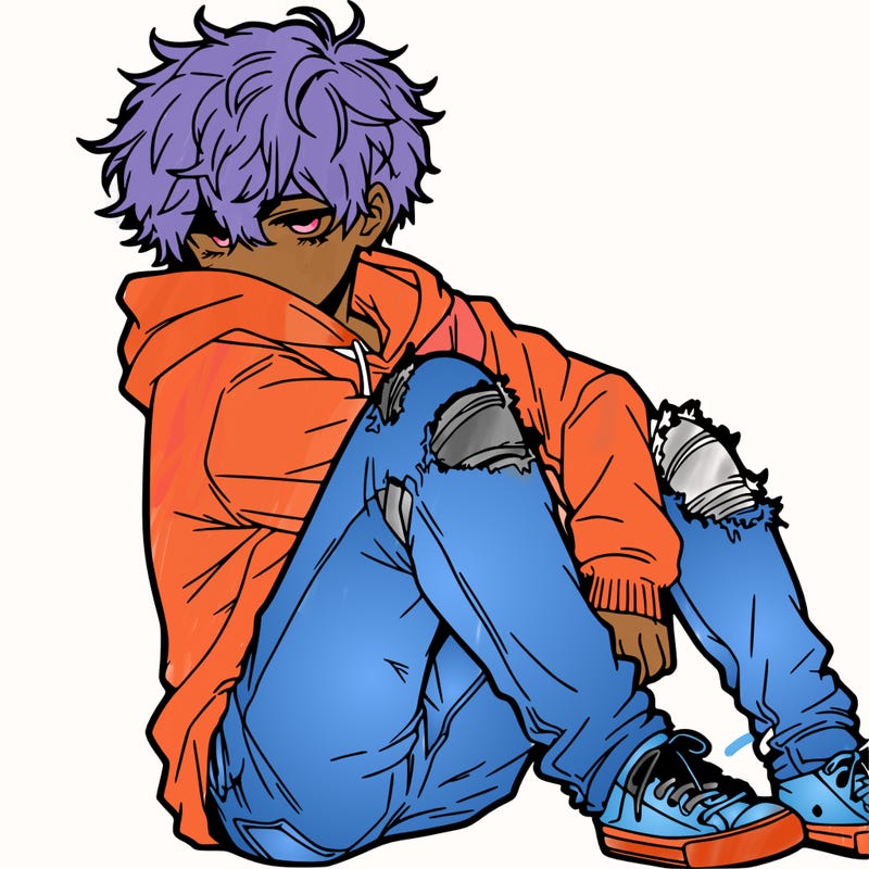 a male hoddie ripped jeans messy hair anime
