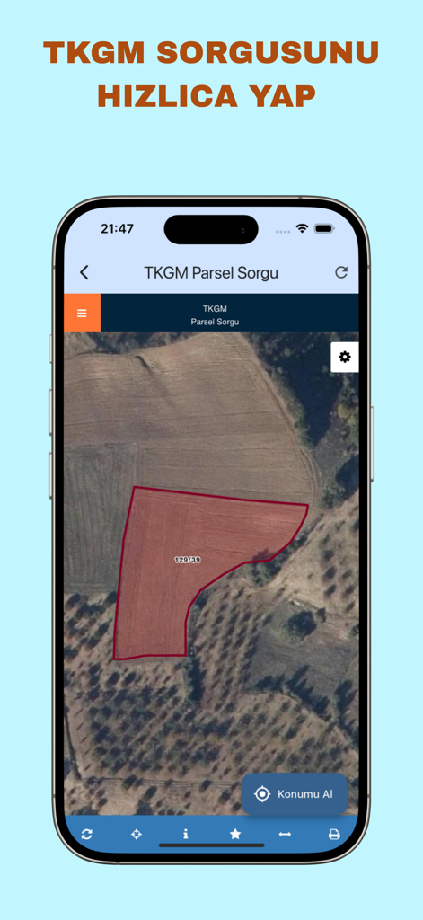 Satellite view of a land parcel with a red boundary in the Parsel Sorgu app interface
