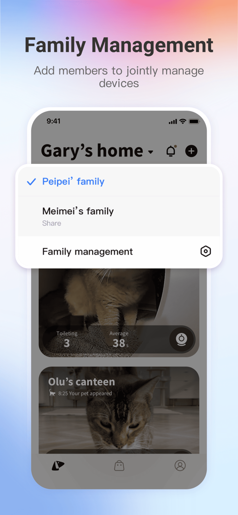 A screenshot of the PETKIT app showing the family management feature to share smart pet device control with other members.
