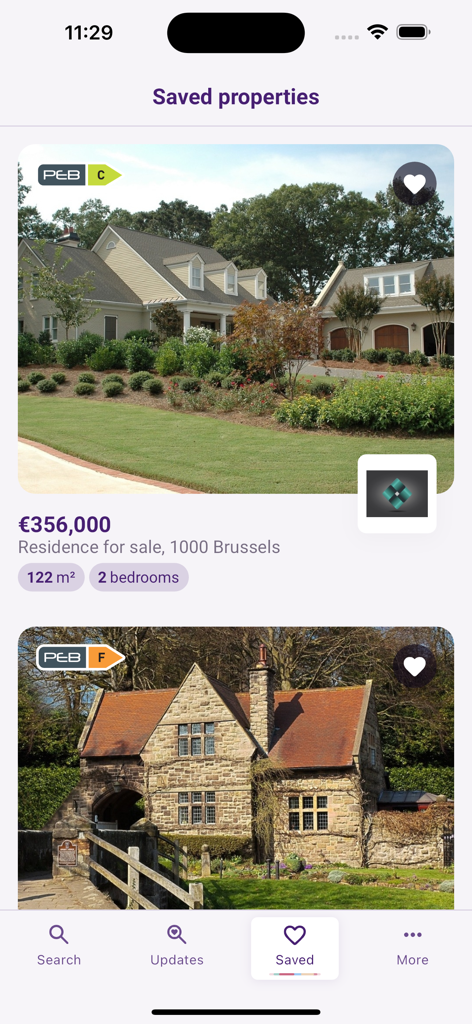 Immovlan - Immovlan app screen showing a list of saved real estate properties for sale in Belgium with photos and prices.