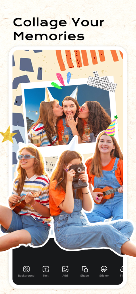 App InCollage che mostra un layout creativo di album con foto di feste e strumenti di editing