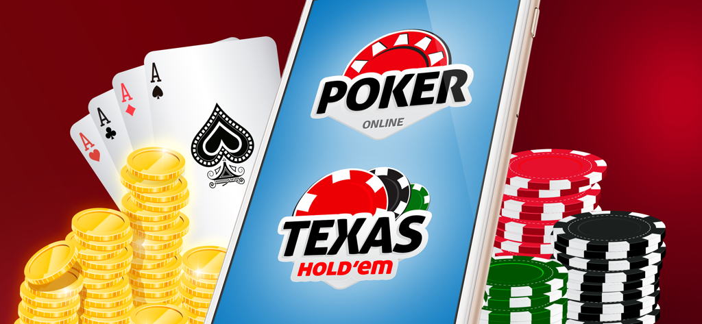 POKER Texas Hold'em e Fechado - Smartphone screen displaying Poker Texas Holdem game logo with poker chips and gold coins