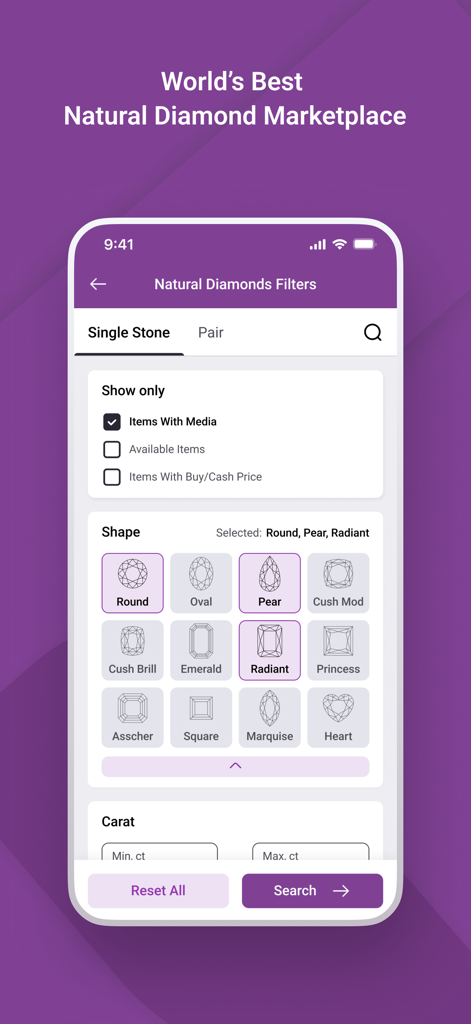 VDB - Virtual Diamond Boutique - Search interface for natural diamonds in the VDB app showing stone shape filters and media options