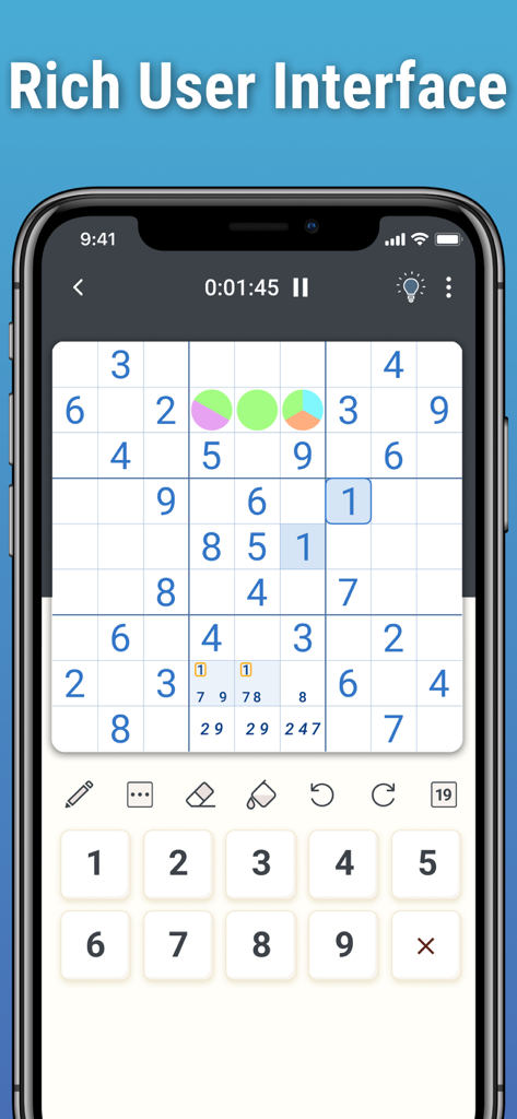 Sudoku by Logic Wiz - A smartphone displaying a handcrafted Sudoku puzzle with colored logic markers and a clean user interface.