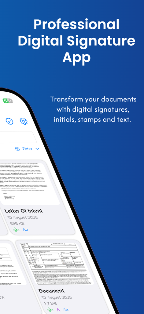 署名アプリのインターフェース。PDFドキュメントのリストとデジタル署名機能が表示されています。
