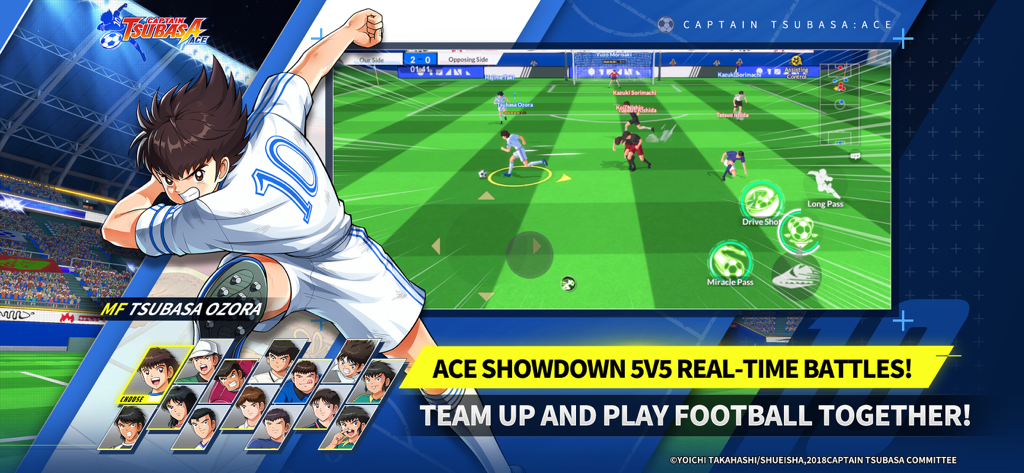 Captain Tsubasa Ace gameplay showing a 5v5 real-time soccer match with Tsubasa Ozora