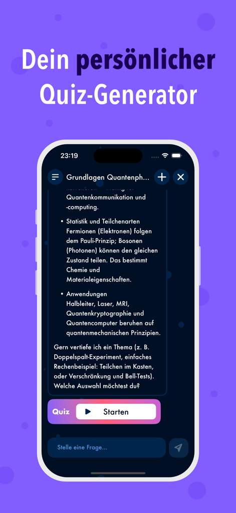 AR-Physics app interface featuring an AI-powered physics quiz generator.