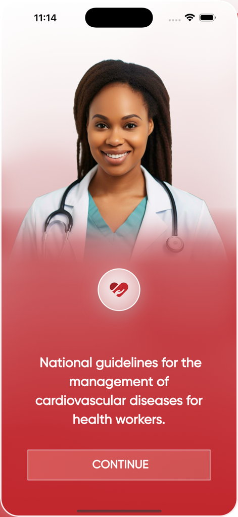 AkomaCare - Welcome screen of the AkomaCare app featuring a smiling female doctor and information about national guidelines for cardiovascular disease management