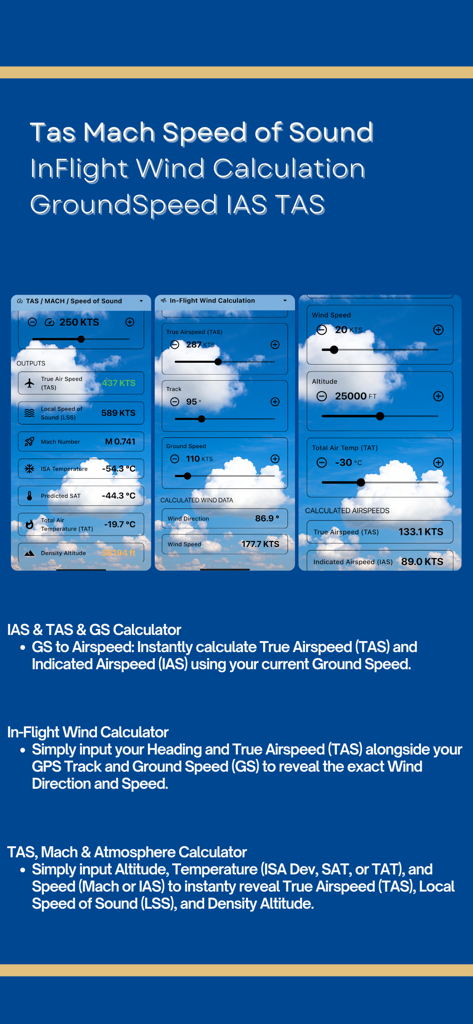 Calculadoras de aviación para velocidad aerodinámica, viento y número Mach en la aplicación PFSmarter