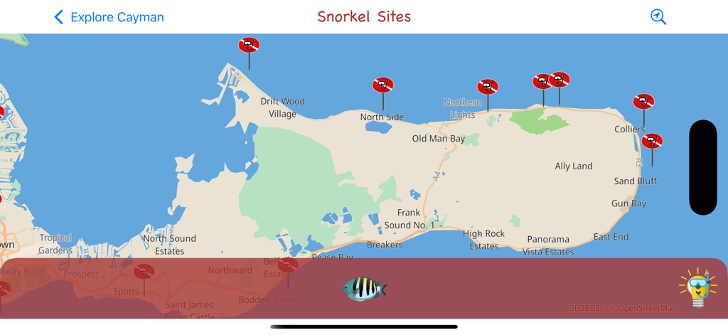 Map of Grand Cayman island in the Cayman Snorkel app showing various snorkeling locations marked with red icons.