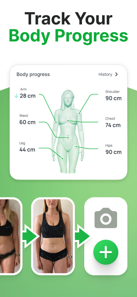 AI Nutrition Coach - Nutrizor - Interfaz de la aplicación Nutrizor que muestra un modelo 3D para mediciones corporales y un registro de progreso fotográfico