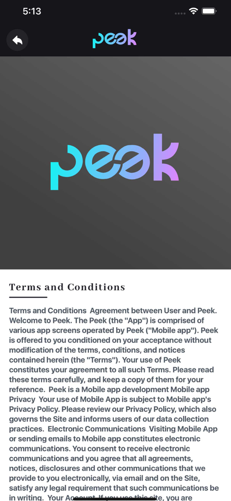 The Peek App - Terms and Conditions screen for The Peek App with the official logo and legal text.