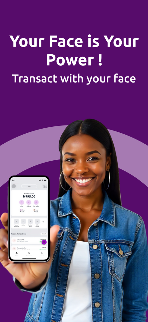 A smiling woman holding a smartphone displaying the FaceCard app for facial recognition payments