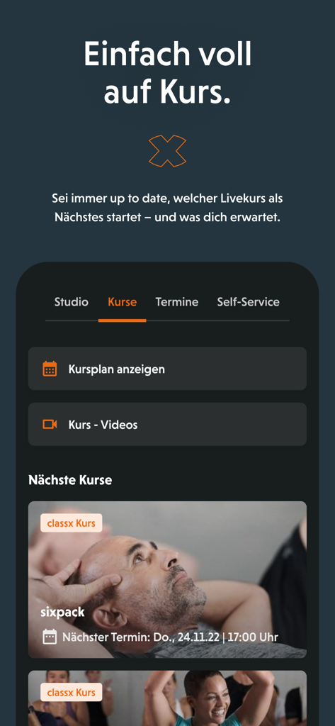 FitX App - Interface do FitX app mostrando aulas de ginástica futuras e horários