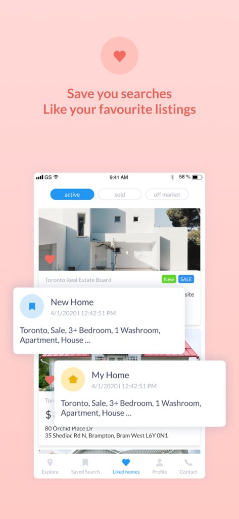 Interface do aplicativo Localizador de Imóveis mostrando buscas salvas e listagens imobiliárias favoritas em Toronto