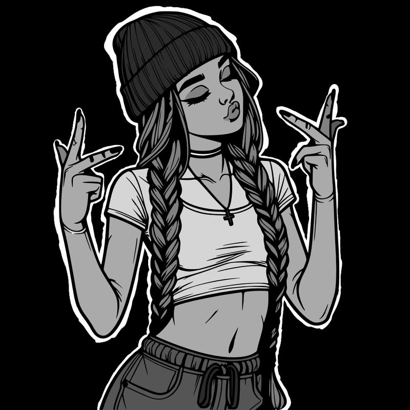 realistic teenage girl with braids and a beanie and crop top doing 🫶🏼