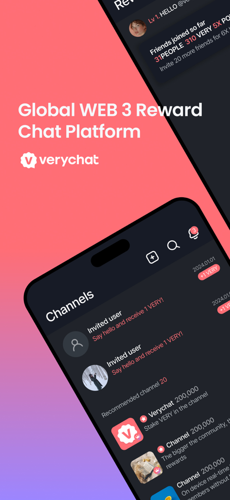 Verychat mobile app interface showing global Web 3 reward chat channels and rewards