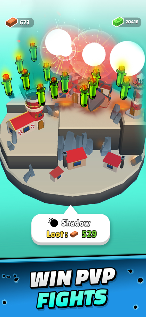 Evolving Bombs! - Jugabilidad de Bombas en Evolución mostrando múltiples misiles verdes impactando una isla durante una partida PVP