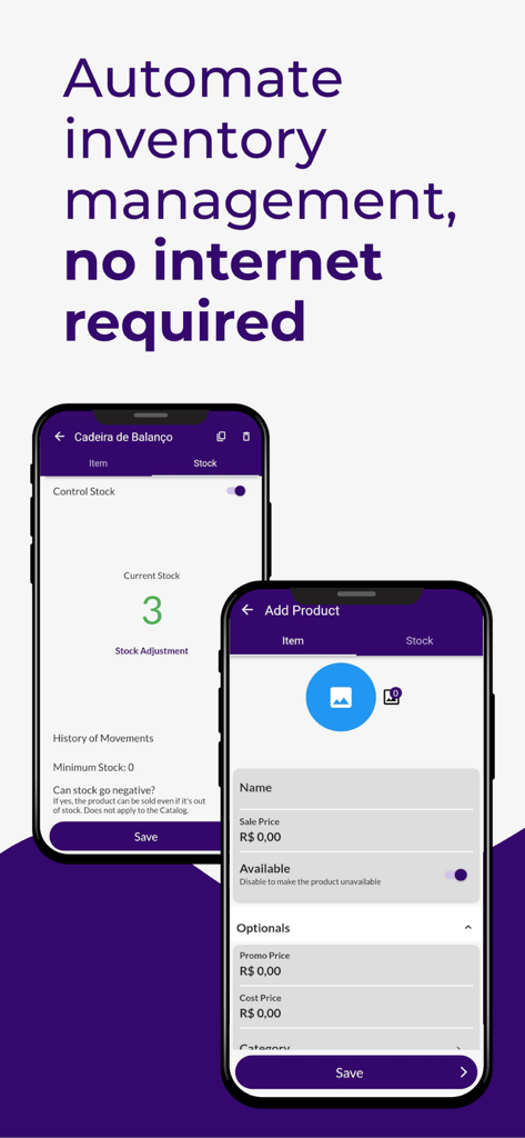 Jarbas: POS, Sales & Stock - 오프라인 기능으로 제품 재고 조정 및 새 제품 추가를 위한 화면을 보여주는 Jarbas 앱 인터페이스