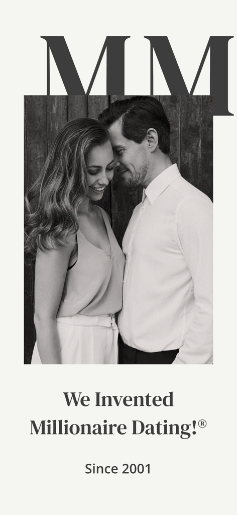 MM: Elite Premium Dating App - Schermata introduttiva dell'app MillionaireMatch con una coppia sofisticata e lo slogan We Invented Millionaire Dating