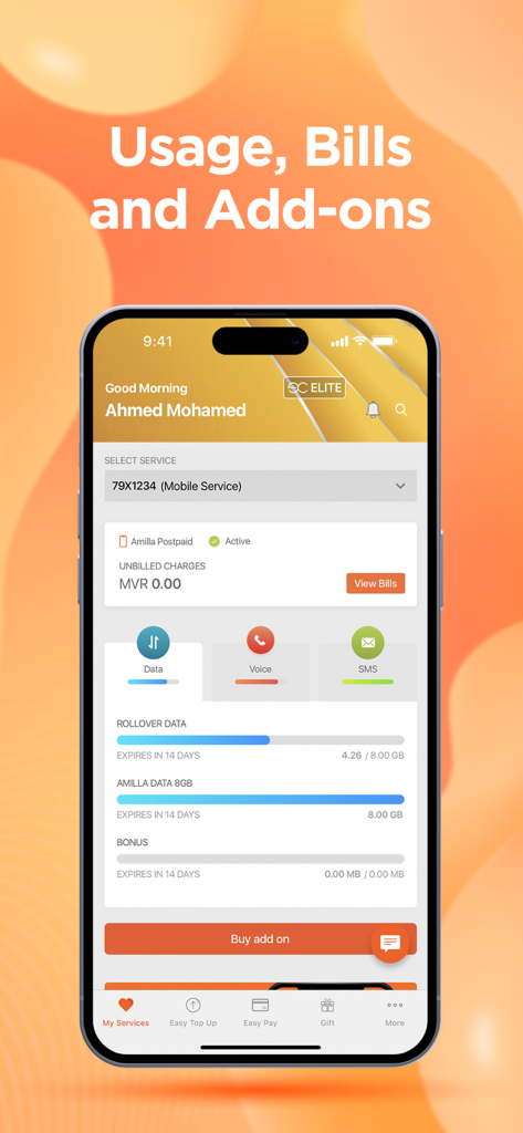 Mobile dashboard for Dhiraagu app showing data usage and bill information