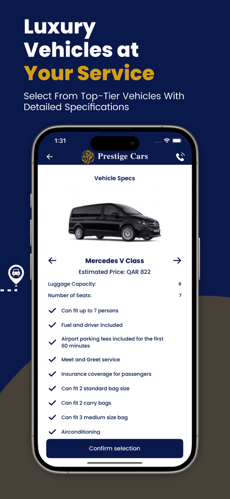 A mobile app screen showing detailed specifications for a Mercedes V Class luxury van including pricing and chauffeur service features.