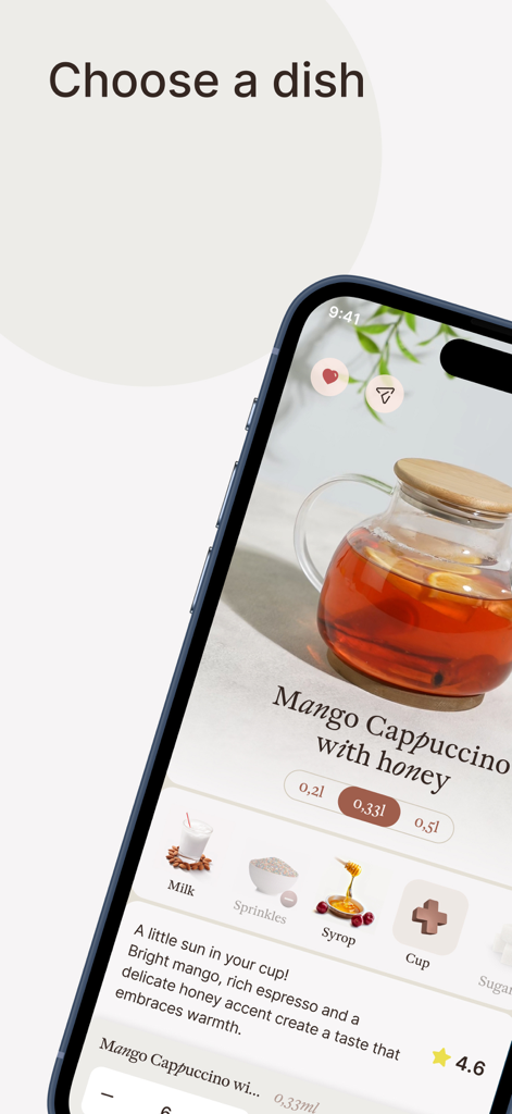 Bon! Café Français - Pantalla de la app móvil de Bon! Cafe Francais mostrando un artículo del menú de Cappuccino de Mango con opciones de personalización como leche y sirope