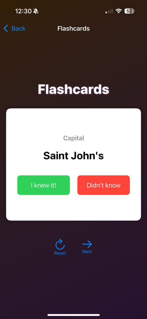 LocalOne GeoQuiz - Geography flashcard interface for learning world capitals in the LocalOne GeoQuiz app.