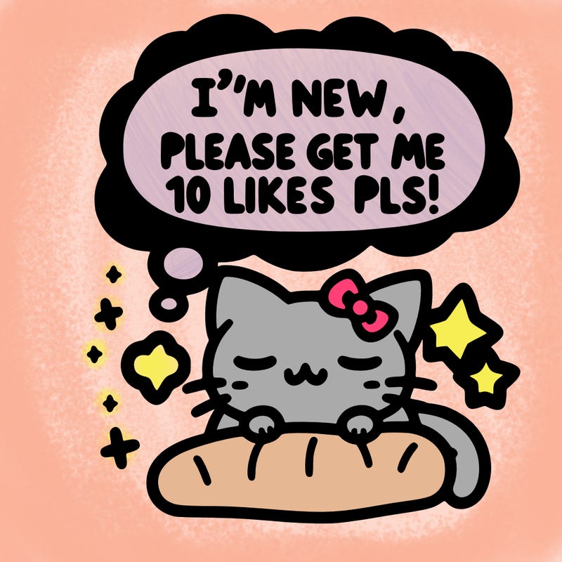 kitty taking a nap dream talking and saying "i'm new, please get me at least 10 likes pls!!"